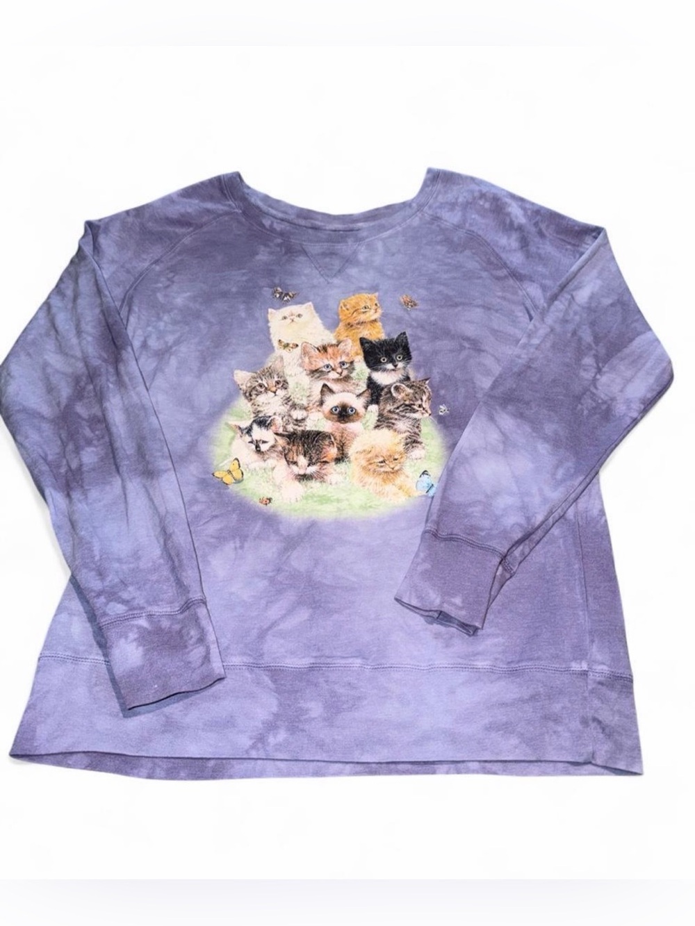 The Mountain purple tie-dye cat shirt with graphic of multiple cats